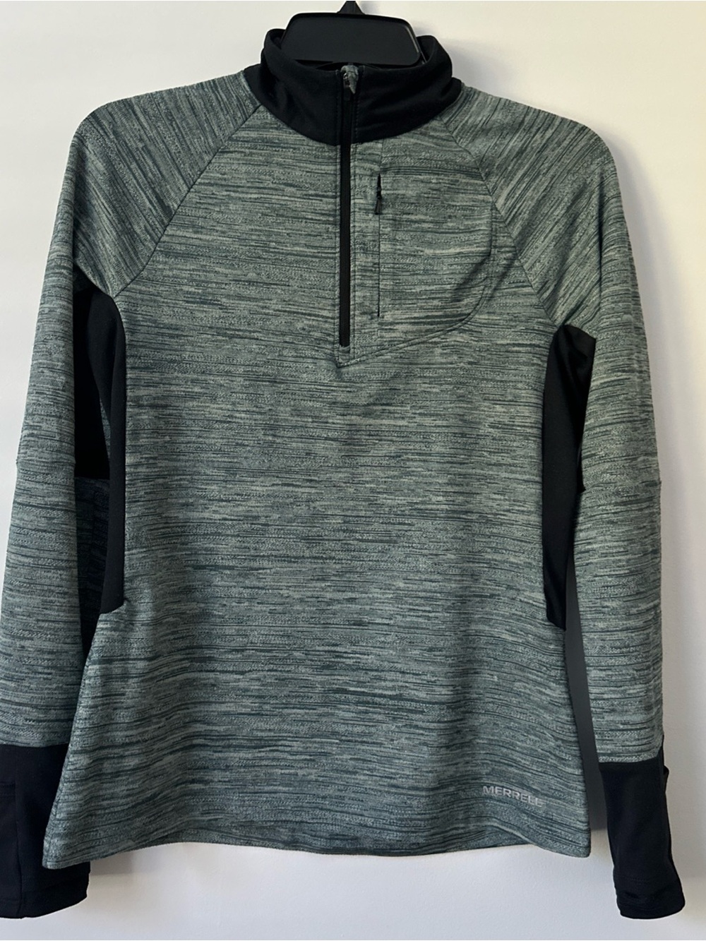 Merrell Womens S Pullover Select-Wick 1/4 Zip Pocket Collar Green Thumb Holes